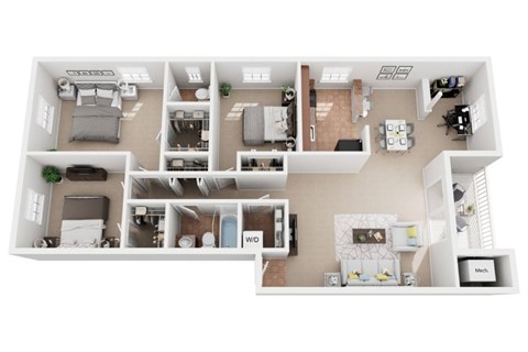 3 Bed 1.5 Bath Floor Plan at Kenilworth at Perring Park Apartments, Parkville, MD, 21234